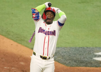 The Dominican Republic's Geraldo Perdomo reacts after striking out at the end of the ninth inning of a World Baseball Classic semifinal game against the United States on March 15, 2026, in Miami, Florida.
