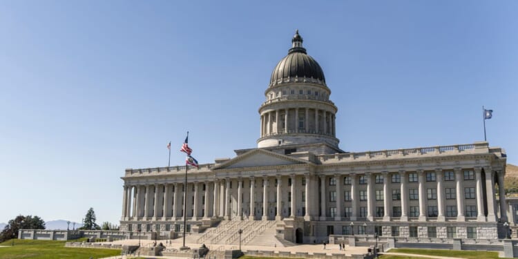 The Utah State Capitol building in Salt Lake City, Utah, with its distinctive copper dome and neoclassical columns.