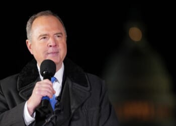 Sen. Adam Schiff, a Democrat from California, speaks during the "People's State of the Union" at the National Mall in Washington, D.C., on Feb. 24, 2026.