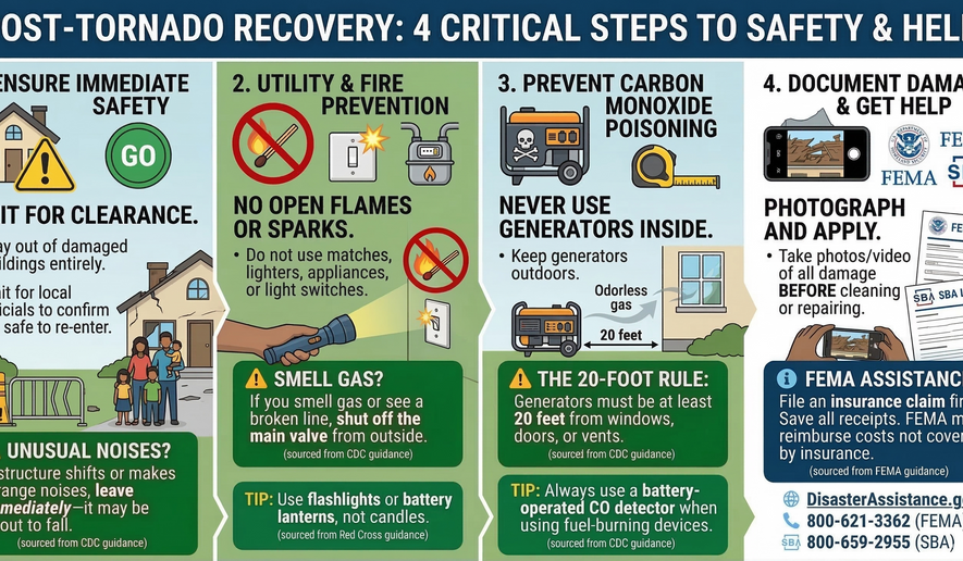 Be sure to review these critical safety steps before entering a damaged home or building after a tornado. Click to enlarge. (Image generated by The Washington Times)