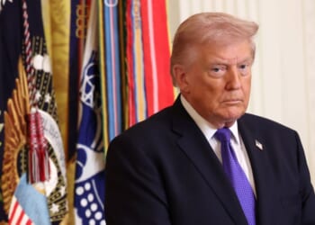 President Donald Trump arrives for a Medal of Honor Ceremony in the East Room of the White House on March 2, 2026, in Washington, D.C.