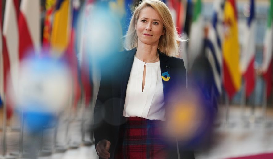 European Union foreign policy chief Kaja Kallas arrives for a meeting of EU foreign ministers at the European Council building in Brussels, Monday, Feb. 23, 2026. (AP Photo/Virginia Mayo)