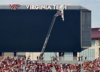 Skydiver gets stuck on Virginia Tech scoreboard, delays football team’s exhibition