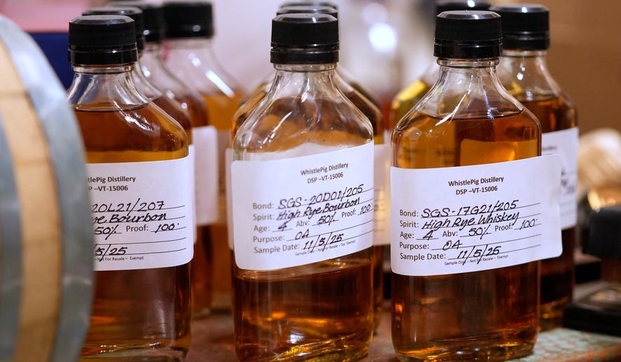 Sample whiskies are seen in the blending laboratory at the WhistlePig distillery Monday, April 6, 2026, in Shoreham, Vermont. (AP Photo/Robert F. Bukaty)