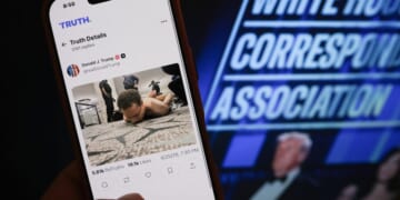 Someone holds a phone with a picture of a post published by President Donald Trump on Truth Social showing the alleged shooter accused of opening fire at the White House Correspondents' dinner in Washington, DC on April 25, 2026.