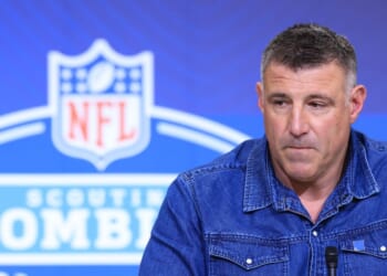 Head coach Mike Vrabel of the New England Patriots speaks to the media during the 2026 NFL Scouting Combine at Lucas Oil Stadium on Feb. 25, 2026, in Indianapolis, Indiana.