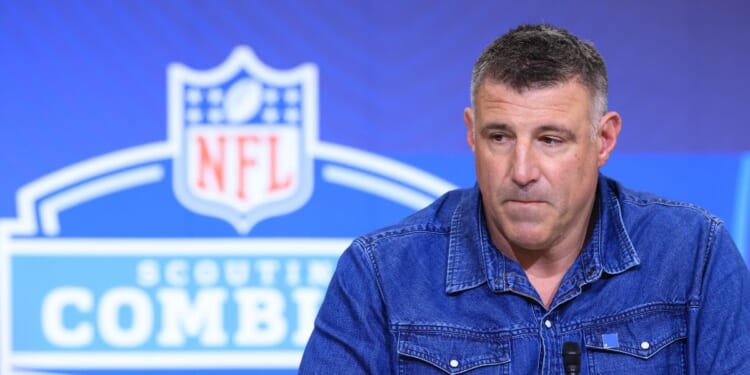 Head coach Mike Vrabel of the New England Patriots speaks to the media during the 2026 NFL Scouting Combine at Lucas Oil Stadium on Feb. 25, 2026, in Indianapolis, Indiana.