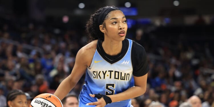 Angel Reese of the Chicago Sky dribbles the ball against the Connecticut Sun at Wintrust Arena on Sept. 3, 2025, in Chicago, Illinois.