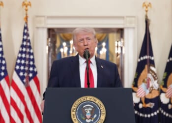 President Donald Trump speaks from the Cross Hall of the White House on April 1, 2026, in Washington, D.C.