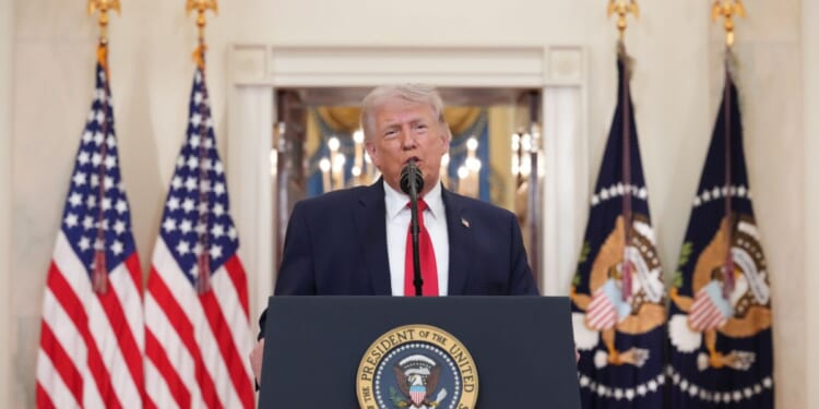 President Donald Trump speaks from the Cross Hall of the White House on April 1, 2026, in Washington, D.C.