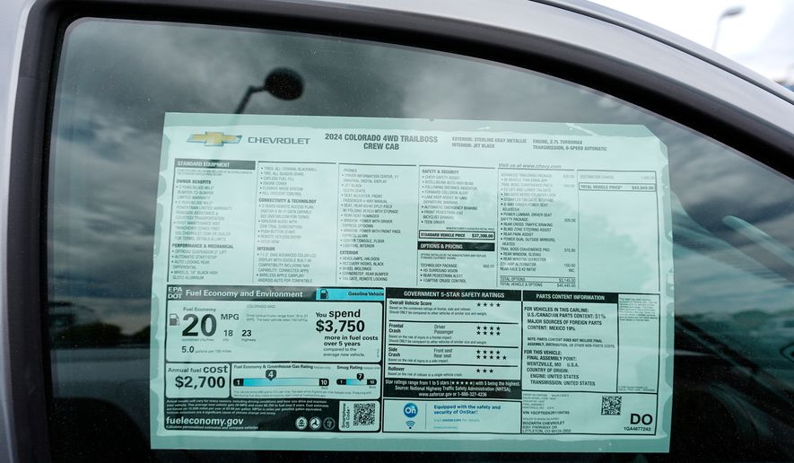 A sticker shows the price for an unsold 2024 Colorado pickup truck at a Chevrolet dealership Sunday, June 2, 2024, in Lone Tree, Colo. (AP Photo/David Zalubowski, File)