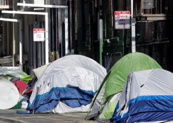 Tents set up by the homeless on a San Francisco street are pictured in a 2020 file photo.