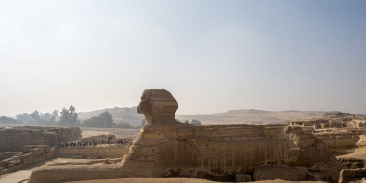 A wide shot of the Great Sphinx at the Giza Pyramids necropolis in Giza, Egypt on Nov. 7, 2025.