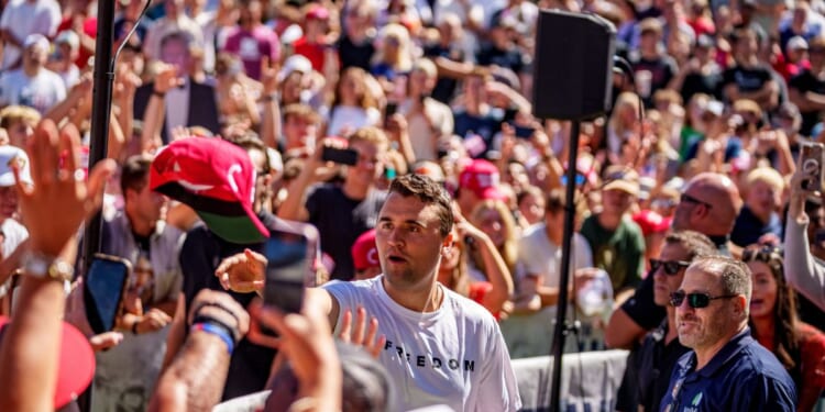 Charlie Kirk appears at Utah Valley University on Sept. 10, 2025, in Orem, Utah.