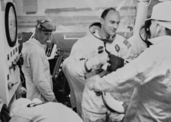 American astronaut Ken Mattingly of Apollo 13 enters the white room following the countdown test ahead of the Apollo 13 mission at Kennedy Space Center on Merritt Island, Florida, on March 26, 1970.
