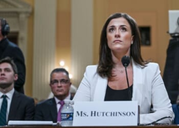 Cassidy Hutchinson, former aide to Trump White House Chief of Staff Mark Meadows during the first Trump administration, testifies June 28, 2022, before the House Select Committee to Investigate the Jan. 6th Capitol incursion. Hutchinson, the star witness for the left-leaning committee, is now being investigated by the Department of Justice.
