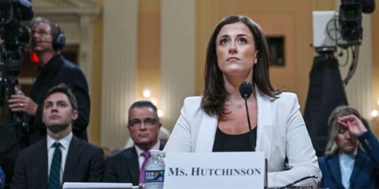Cassidy Hutchinson, former aide to Trump White House Chief of Staff Mark Meadows during the first Trump administration, testifies June 28, 2022, before the House Select Committee to Investigate the Jan. 6th Capitol incursion. Hutchinson, the star witness for the left-leaning committee, is now being investigated by the Department of Justice.