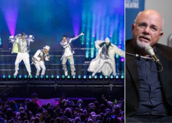 Financial adviser Dave Ramsey, right, told a woman she should pay off her $96,000 debt before spending the money to go see her childhood idols The Backstreet Boys in Las Vegas. But then fate - and Backstreet Boys member Kevin RIchardson -intervened.