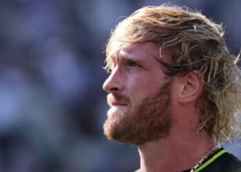 Logan Paul looks on at the Fanatics Flag Football Classic at BMO Stadium in Los Angeles on March 21, 2026.