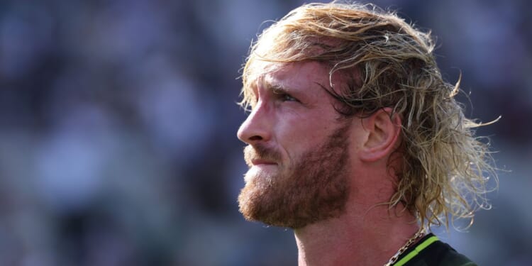 Logan Paul looks on at the Fanatics Flag Football Classic at BMO Stadium in Los Angeles on March 21, 2026.