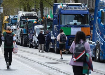 Trucks and tractors block O'Connell Street in the center of the city, as protests continue for a third day against the rising cost of fuel due to the Middle East crisis, in central Dublin on April 9, 2026.