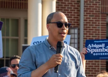 Jay Jones, who is running to become Virginia's attorney general in 2025, speaks to the audience during Abigail Spanberger's bus tour stop at Stacy C. Sherwood Community Center in Fairfax, Virginia, on June 26, 2025.