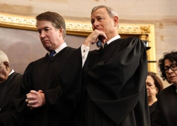Supreme Court Justices Clarence Thomas and Brett Kavanaugh, Chief Justice John Roberts, and Supreme Court Justice Sonia Sotomayor bow their heads during inauguration ceremonies in the Rotunda of the U.S. Capitol on Jan. 20, 2025, in Washington, D.C.