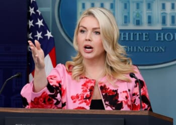 White House Press Secretary Karoline Leavitt answers questions during a news briefing at the James S. Brady Press Briefing Room of the White House on March 30, 2026 in Washington, DC.