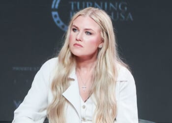 Turning Point USA CEO Erika Kirk speaks during a Turning Point USA stop April 2 at George Washington University in Washington, D.C.