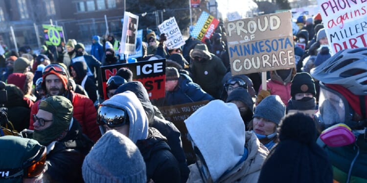Protesters against Immigration and Customs Enforcement converge on the Whipple Federal Building in Minneapolis on Jan. 29.
