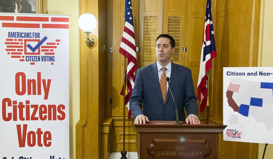 Republican Secretary of State Frank LaRose speaks at the Ohio Statehouse in Columbus, Ohio, Oct. 6, 2022, about a constitutional amendment that would prohibit noncitizen voting. (AP Photo/Julie Carr Smyth, File)