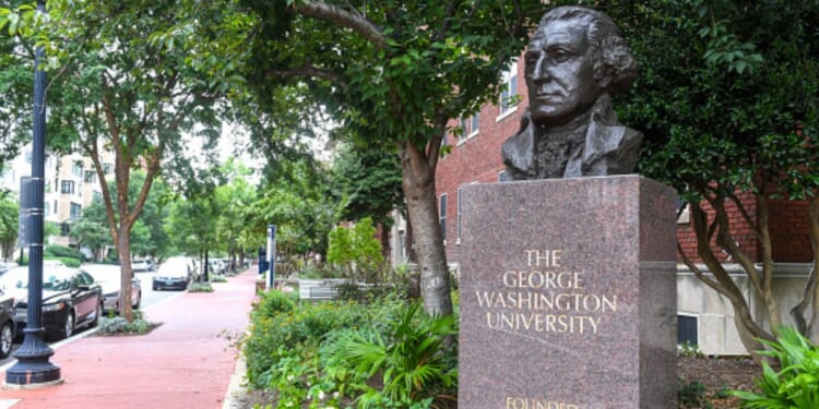 George Washington University statue stands upon pedestal on August 8, 2020.