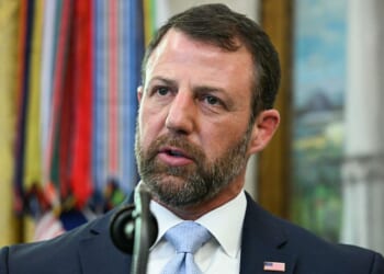 Secretary of Homeland Security Markwayne Mullin, seen in a March photo, sharply rebuked Senate Minority Leader Chuck Schumer.