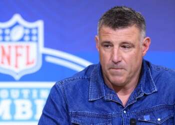 Head coach Mike Vrabel of the New England Patriots speaks to the media Feb. 26 during the 2026 NFL Scouting Combine in Indianapolis, Indiana.
