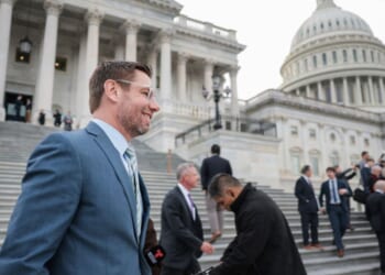 Rep. Eric Swalwell departs the U.S. Capitol Building after a series of votes on March 5, 2026, in Washington, D.C.