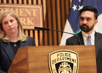 NYPD Commissioner Jessica Tisch speaks as New York Mayor Zohran Mamdani listens during a news conference on April 2, 2026, in New York City.