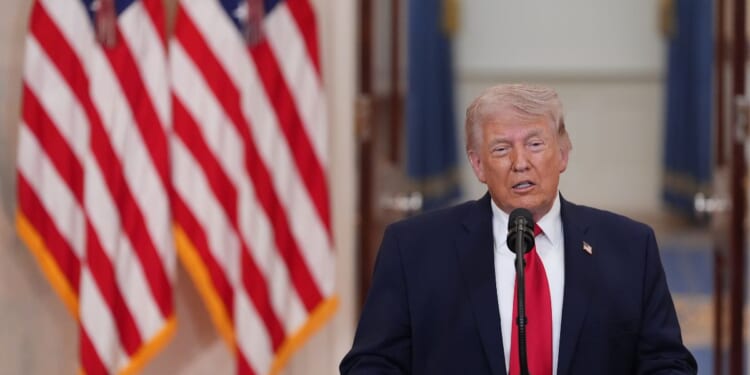 President Donald Trump speaks from the Cross Hall of the White House on April 1, 2026, in Washington, D.C.