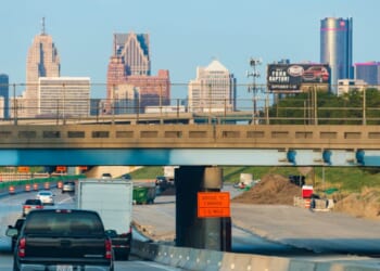 An interstate highway near the city of Detroit, Michigan.