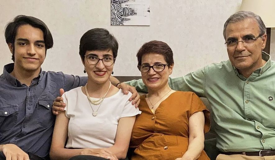 This 2023 photo provided by Mehraveh Khandan shows, from left, Nima Khandan, Mehraveh Khandan, Nasrin Sotoudeh and Reza Khandan in their home in Tehran. (Courtesy Mehraveh Khandan via AP, File)