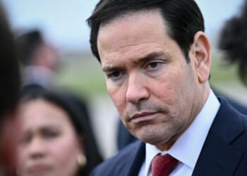 Secretary of State Marco Rubio speaks to the press on March 27, 2026 in Paris for the G7 summit.