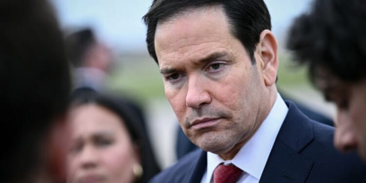 Secretary of State Marco Rubio speaks to the press on March 27, 2026 in Paris for the G7 summit.