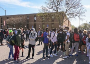 Mt. Vernon High School students participate in a student walkout against the potential confirmation of Superintendent Michelle Reid in Alexandria, Virginia, on April 14, 2022.