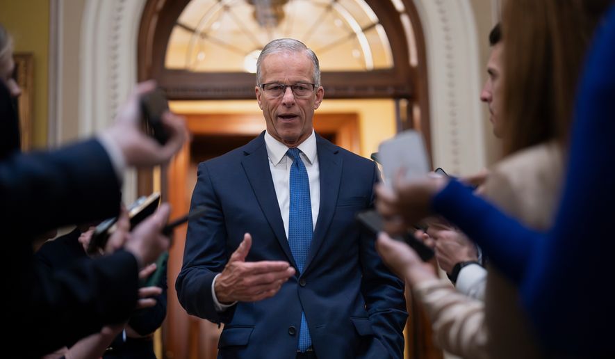 Senate Majority Leader John Thune, R-S.D., speaks to reporters outside the chamber after passing a measure by unanimous consent that would fund most of the Department of Homeland Security, if the House agrees, at the Capitol in Washington, Thursday, April 2, 2026. (AP Photo/J. Scott Applewhite) ** FILE **