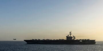 USS Abraham Lincoln conducts U.S. blockade operations related to the Strait of Hormuz on April 16, 2026, in the Arabian Sea.