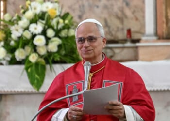 Pope Leo XIV speaks as he meets with bishops at the Parish of our Lady of Fatima in Luanda on the eighth day of an 11-day trip to Africa, on April 20, 2026.