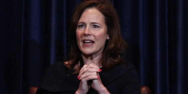 SIMI VALLEY, CALIFORNIA - SEPTEMBER 09: Supreme Court Justice Amy Coney Barrett speaks at the Reagan Library on September 09, 2025 in Simi Valley, California. Barrett discussed and signed copies of her new book, "Listening to the Law: Reflections on the Court and Constitution". (Photo by Mario Tama/Getty Images)