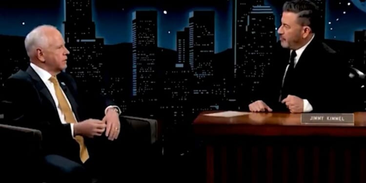 Late-night host Jimmy Kimmel , right, conducted a softball interview with disgraced Minnesota Gov. Tim Walz.