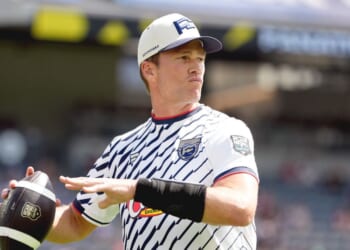Tom Brady throws a football at the Fanatics Flag Football Classic at BMO Stadium on March 21, 2026 in Los Angeles.