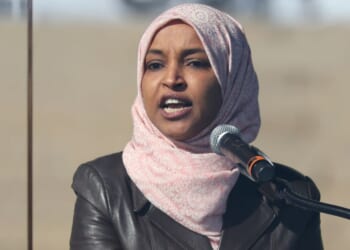 Congresswoman Ilhan Omar speaks onstage March 28 at a "No Kings" protest in St. Paul, Minnesota.