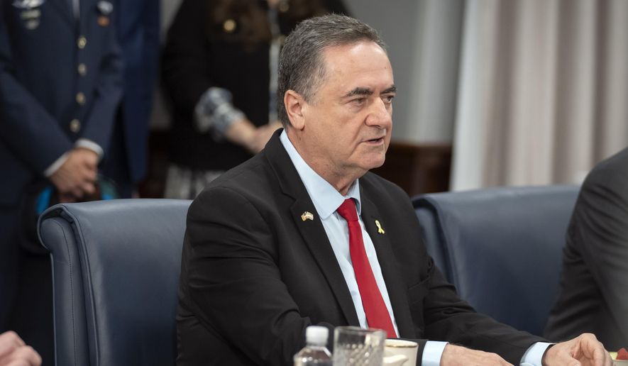 Israeli Defense Minister Israel Katz speaks during a meeting with Secretary of Defense Pete Hegseth at the Pentagon on July 18, 2025, in Washington. (AP Photo/Mark Schiefelbein, File)